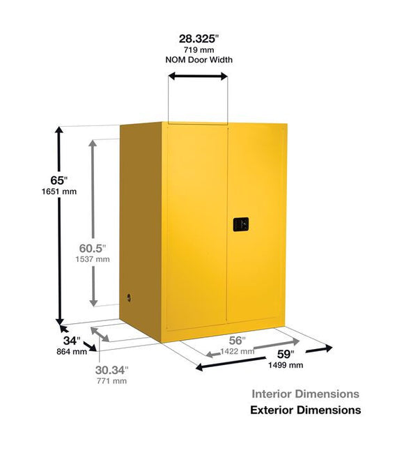 Eagle 110 Gallon, 2 Drum, Vertical, 1 Shelf, 2 Door, Self Close, Haz-Mat Safety Cabinet,Yellow - HAZ5510X — dimensions