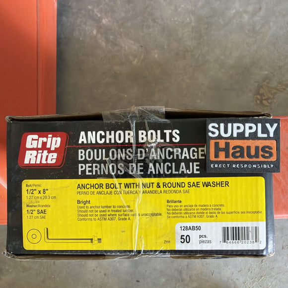 Grip-Rite Anchor Bolts – 1/2 in x 8 in – Nut & Washer – 50/Carton