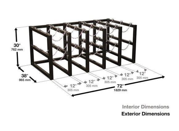 Justrite 5 Wide by 3 Deep, Gas Cylinder Storage Rack, 15 Cylinder Capacity, Steel - 35178 — dimensions