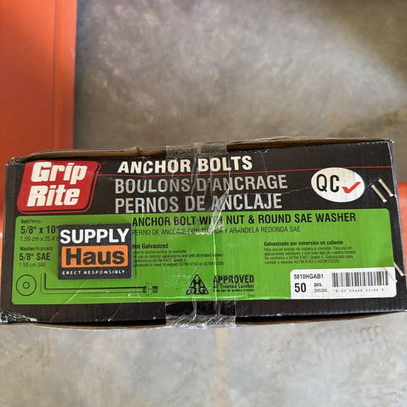 Grip-Rite Hot-Dip Galvanized Anchor Bolt – 5/8 in x 10 in – Nut & Washer