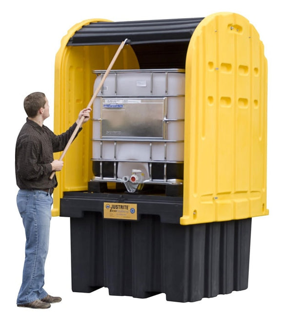 Justrite IBC Outdoor Shed With Pallet, Forklift Pockets, Rolltop Doors, EcoPolyBlend™ - 28677 — product view