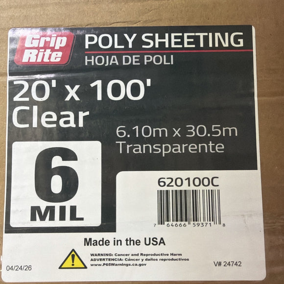 Grip-Rite Poly Sheeting – 6 mil – 20 ft x 100 ft – Clear