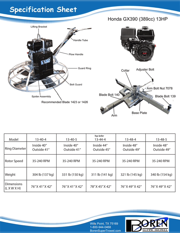 Boren GX390 manufacturer specifications including 13-48-4HD configuration; family comparison sheet