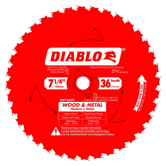 7-1/4 In. X 36 Tooth Wood & Metal Carbide Saw Blade-D0736GPA-2067