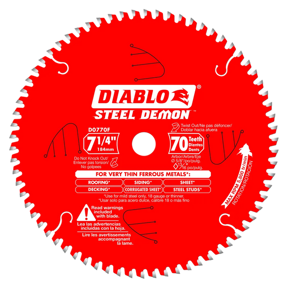 7-1/4 In. X 70 Tooth Steel Demon Carbide-Tipped Saw Blade For Metal-D0770F-2075