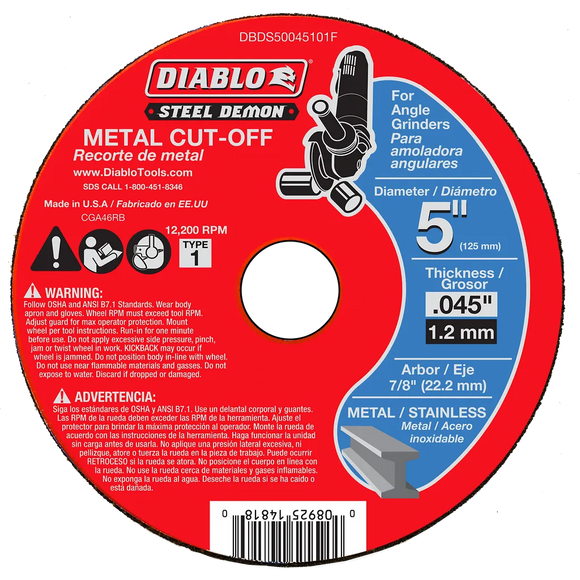 Steel Demon 5 in. Type 1 Metal Cut-Off Disc | Diablo Tools | PCS