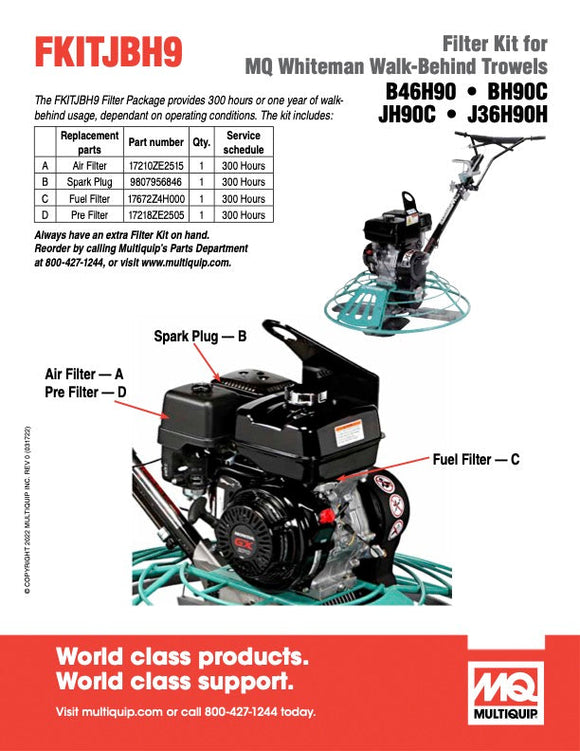 Multiquip FKITJBH9 — Service Kit for B46H90/J36H90 Trowels