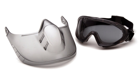 Pyramex - Capstone - GG524TSHIELD - Gray Frame/Gray H2X Anti-Fog Lens with faceshield attachment. Includes 2 disposable tear-off visors - GG524TSHIELD_Goggle_Shield