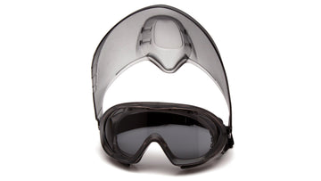 Pyramex - Capstone - GG524TSHIELD - Gray Frame/Gray H2X Anti-Fog Lens with faceshield attachment. Includes 2 disposable tear-off visors - GG524TSHIELD_Up