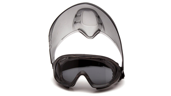 Pyramex - Capstone - GG524TSHIELD - Gray Frame/Gray H2X Anti-Fog Lens with faceshield attachment. Includes 2 disposable tear-off visors - GG524TSHIELD_Up