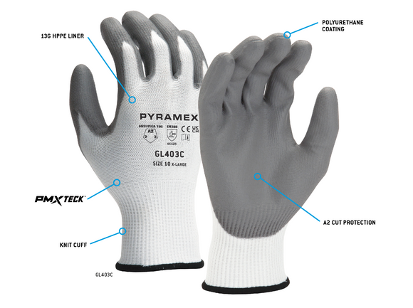 Pyramex - GL403C - GL403CS - PU 13g HPPE Liner A2 Cut Premium- Small - GL403C_Callout_ea03ab6c-fe9b-4199-a57b-72306276c0fe