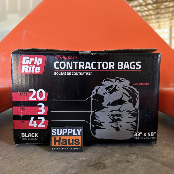 Grip-Rite Contractor Bags – 42 gal – 3 mil – Black – 20/Box
