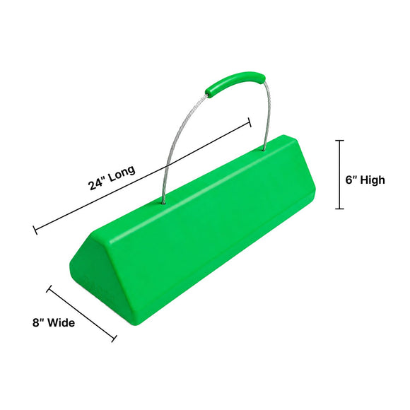 Checkers 24" Single SafeRay™ Hi Viz Commercial Aircraft Chock for Narrow and Wide Body Aircraft with Cable Handle and Urethane Grip, Green - CAC24 — dimensions