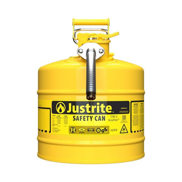 Justrite 5 Gallon, 1" Metal Hose, Steel Safety Can for Diesel, Type II, AccuFlow™, Yellow - 7250230 — product view