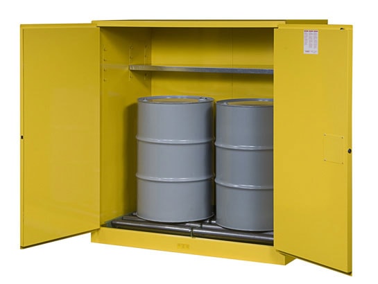 Justrite 899170 — manufacturer representative double-drum cabinet image; drums shown for illustration