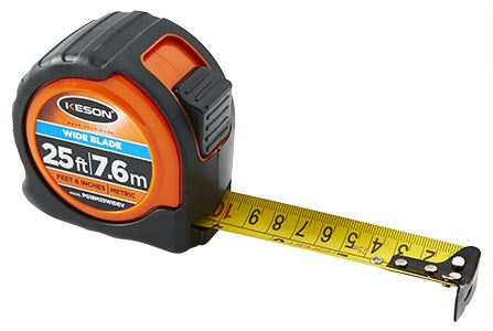 Keson PG18M25WIDEV Wide Blade Tape Measure — 25 ft./7.5m, ft, in, 1/8, 1/16 & cm, mm