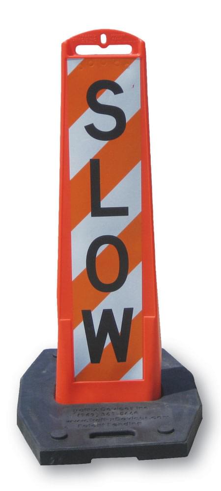 Orange Premier Panel with 8" × 29" (270 sq in) trapezoid engineer grade reflective sheeting and "SLOW" message with 20 lb recycled rubber base (#40229-O-EG20-S).