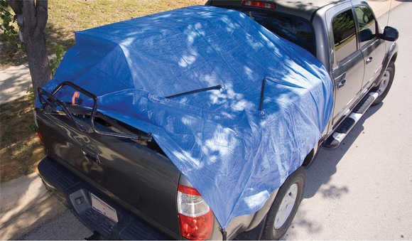 Blue economy tarp covering a pickup bed; representative application, not a size illustration