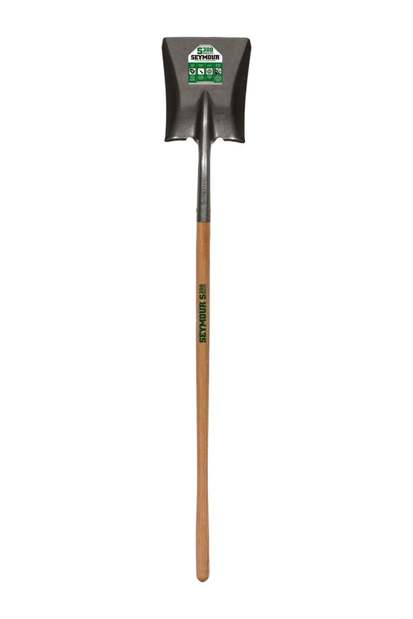 Seymour Square Point Shovel, 16 Gauge #2 / 9.5" x 11.5" , Forward Turned Step, Solid Steel Rivet, 44" Precision Lathe Turned Hardwood Handle
