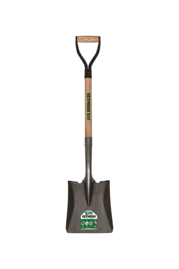Seymour Square Point Shovel, 16 Gauge #2 / 9.5" x 11.5" , Forward Turned Step, Solid Steel Rivet, 26" Precision Lathe Turned Hardwood, Steel D Grip