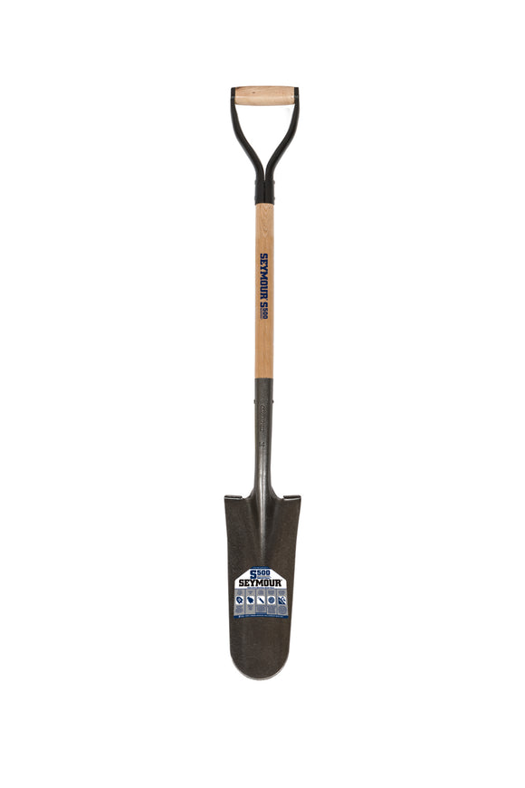 Seymour Drain Spade Shovel, 14 Gauge, 14" / Forward Turned Step, Solid Steel Rivet, 30" Precision Lathe Turned American Ash, Steel D Grip