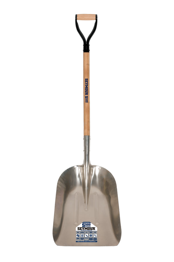 Seymour Western Pattern Grain Scoop, #14 Heavy Aluminum 15.5" x 20" , Double Solid Steel Rivet, 36" Precision Lathe Turned Hardwood, Steel D Grip