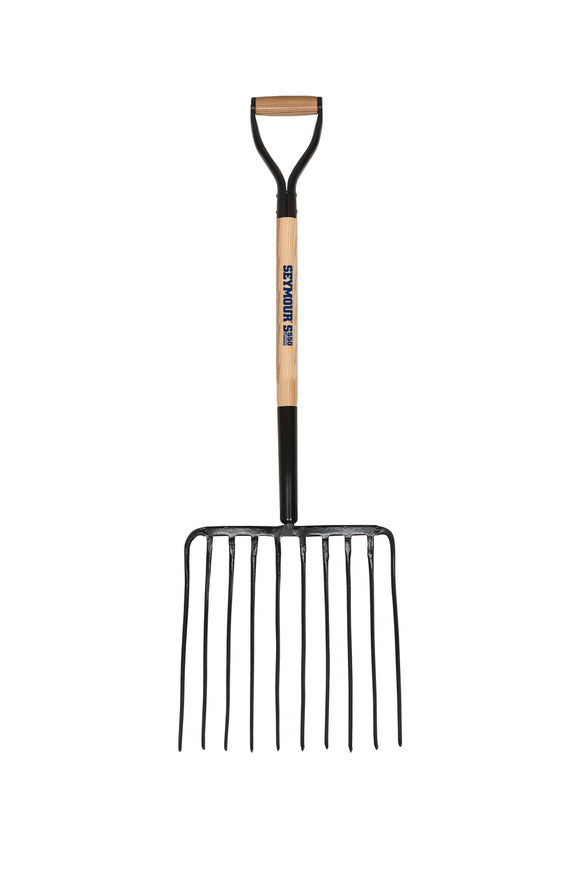 Seymour Ensilage Fork, Forged 10-Tine, Steel Ferrule, 30" Precision Lathe Turned American Ash, Steel D Grip