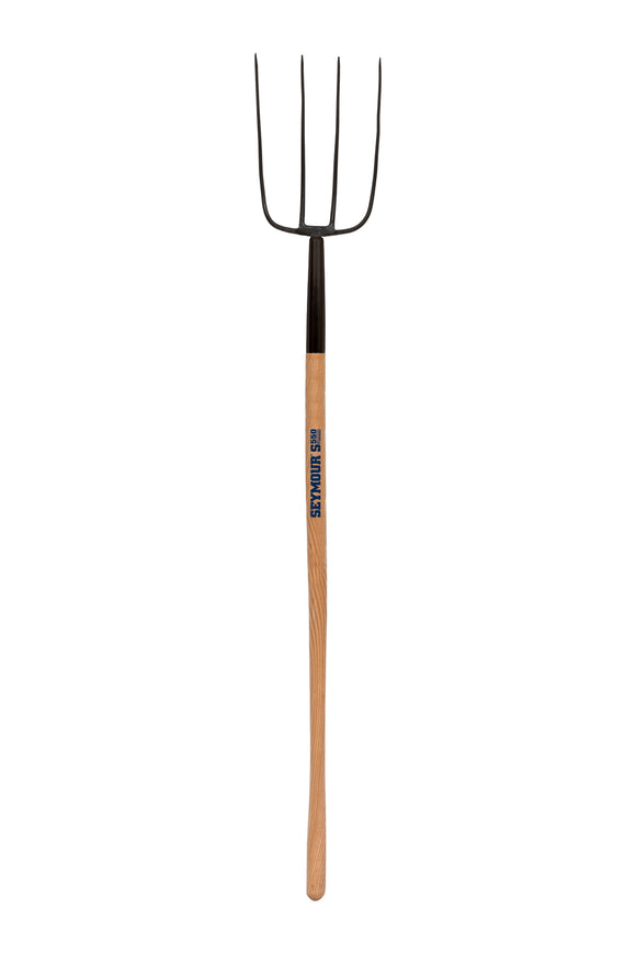 Seymour Manure Fork, Forged 4-Tine, Steel Ferrule, 48" Precision Lathe Turned American Ash Handle