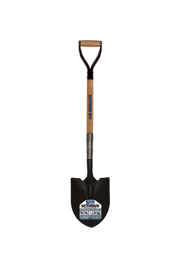 Seymour Round Point Shovel, 14 Gauge #2 / 9.5" x 11.5" , Forward Turned Step, Extended 11" Tab Socket with Two Solid Steel Rivets, 30" Precision Lathe Turned American Ash, Steel D Grip