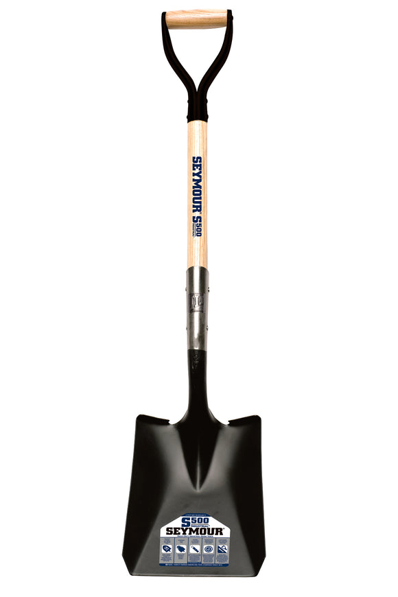 Seymour Square Point Shovel, 14 Gauge #2 / 9.5" x 11.5" , Forward Turned Step, Extended 11" Tab Socket with Two Solid Steel Rivets, 30" Precision Lathe Turned American Ash, Steel D Grip