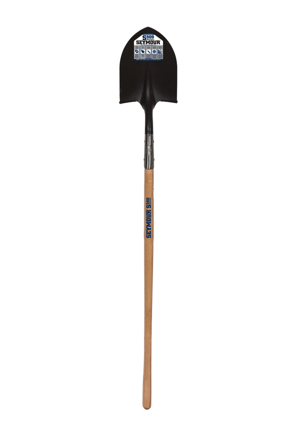 Seymour Round Point Shovel, 14 Gauge #2 / 9.5" x 11.5" , Rear Rolled Step, Extended 11" Tab Socket with Two Solid Steel Rivets, 48" Precision Lathe Turned American Ash Handle
