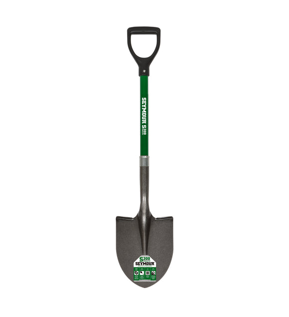 Seymour Round Point Shovel, 16 Gauge #2 / 9.5" x 11.5" , Forward Turned Step, Hardwood Reinforcing Rod & PermaGrip™, 26" Durable Fiberglass, Poly D Grip