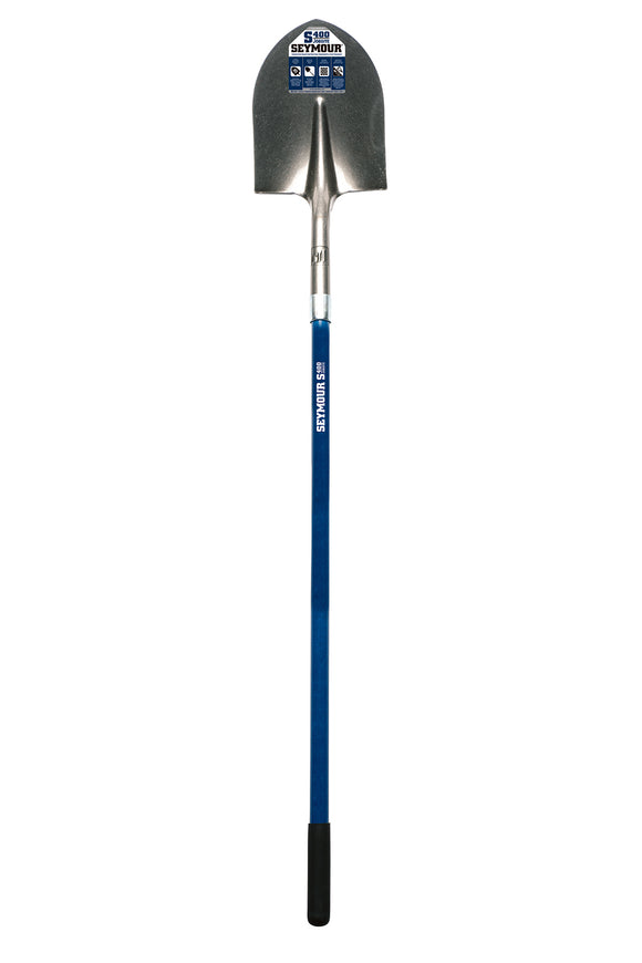 Seymour Round Point Shovel, 16 Gauge #2 / 9.5" x 11.5" , Forward Turned Step, Fiberglass Insert & PermaGrip™, 46" Professional Grade Fiberglass, Cushion Grip