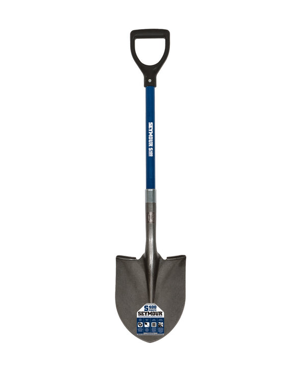 Seymour Round Point Shovel, 16 Gauge #2 / 9.5" x 11.5" , Forward Turned Step, Fiberglass Insert & PermaGrip™, 26" Professional Grade Fiberglass, Poly D Grip