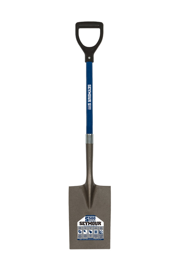 Seymour Garden Spade Shovel, 14 Gauge / 7" x 12" , Rear Rolled Step, Fiberglass Insert & PermaGrip™, 27" Industrial Grade Fiberglass, Poly D Grip