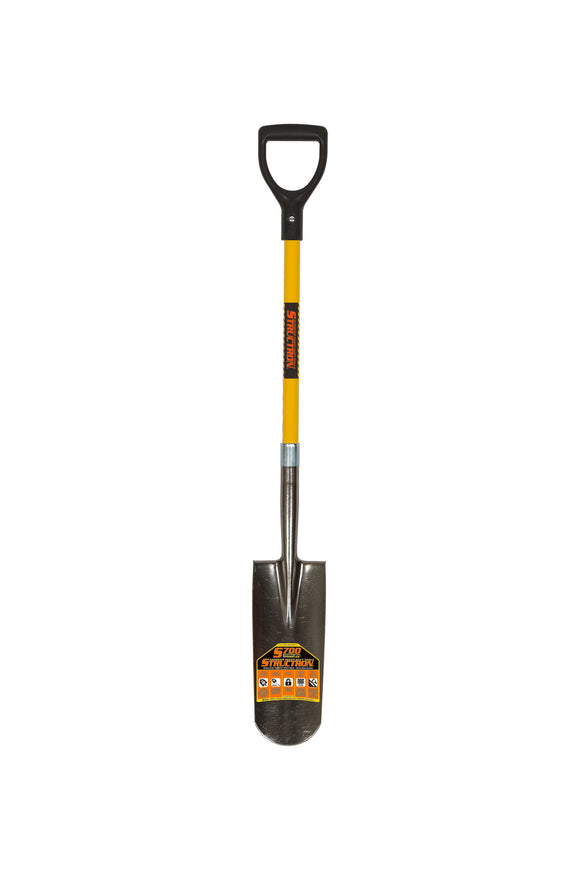 Structron Drain Spade Shovel, 14 Gauge Spring Steel, 14" / Rear Rolled Step, PowerCore™ & PermaGrip™, 29" Premium Fiberglass, Poly D Grip