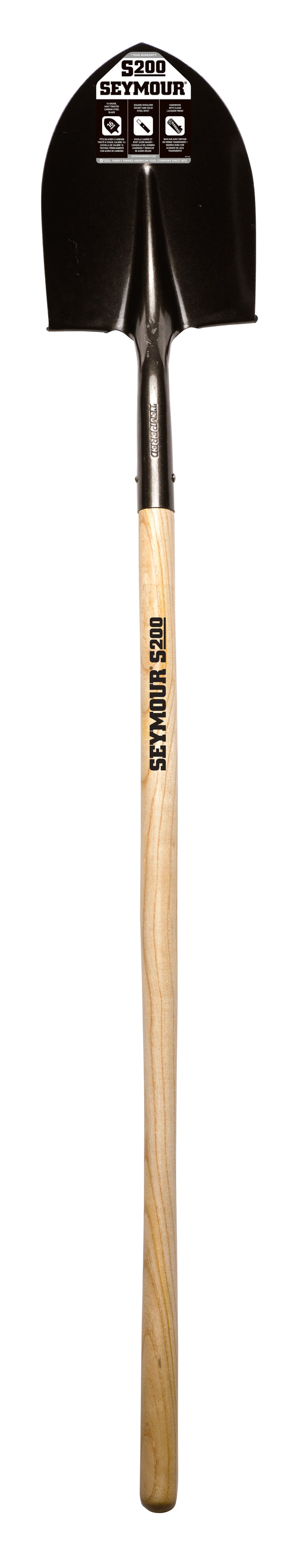 Seymour Round Point Shovel, 16 Gauge #2 / 8.6" x 10.5" , With Step, Solid Steel Rivet, 42" Contoured Hardwood with Clear Lacquer Finish, Handle