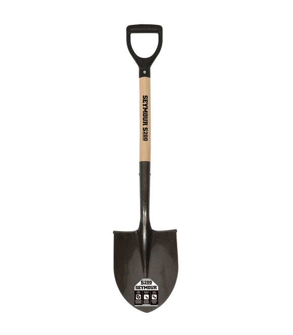 Seymour Round Point Shovel, 16 Gauge #2 / 8.6" x 10.5" , With Step, Solid Steel Rivet, 26" Contoured Hardwood with Clear Lacquer Finish, Poly D Grip