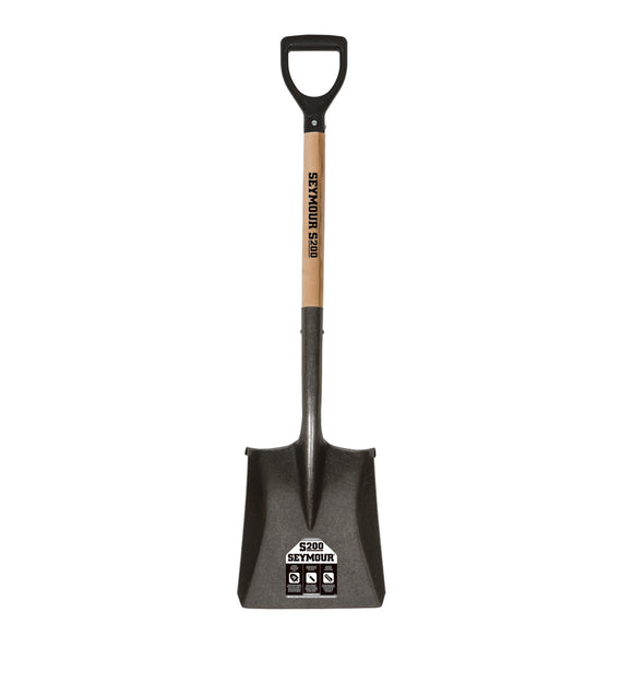 Seymour Square Point Shovel, 16 Gauge #2 / 8.6" x 10.5" , With Step, Solid Steel Rivet, 26" Contoured Hardwood with Clear Lacquer Finish, Poly D Grip