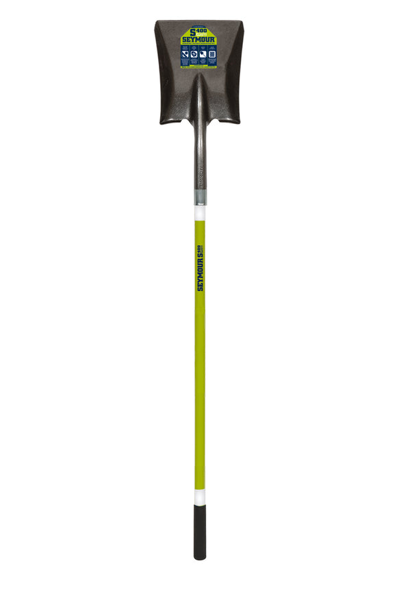 Seymour Square Point Shovel, 16 Gauge #2 / 9.5" x 11.5" , Forward Turned Step, Fiberglass Insert & PermaGrip™, 48" Professional Grade Fiberglass, Cushion Grip