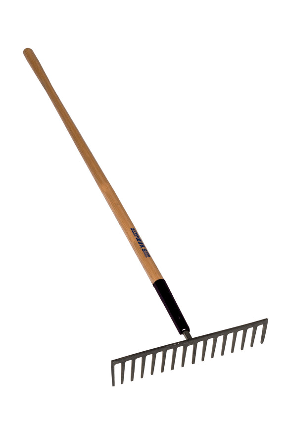 Seymour Stone Rake, 18" / 16 Tine Forged, Steel Ferrule, 66" Precision Lathe Turned American Ash Handle